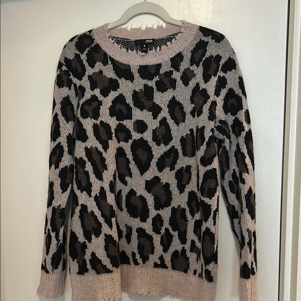 Aqua Black and Tan Cashmere Crew Neck Sweater with Leopard Print